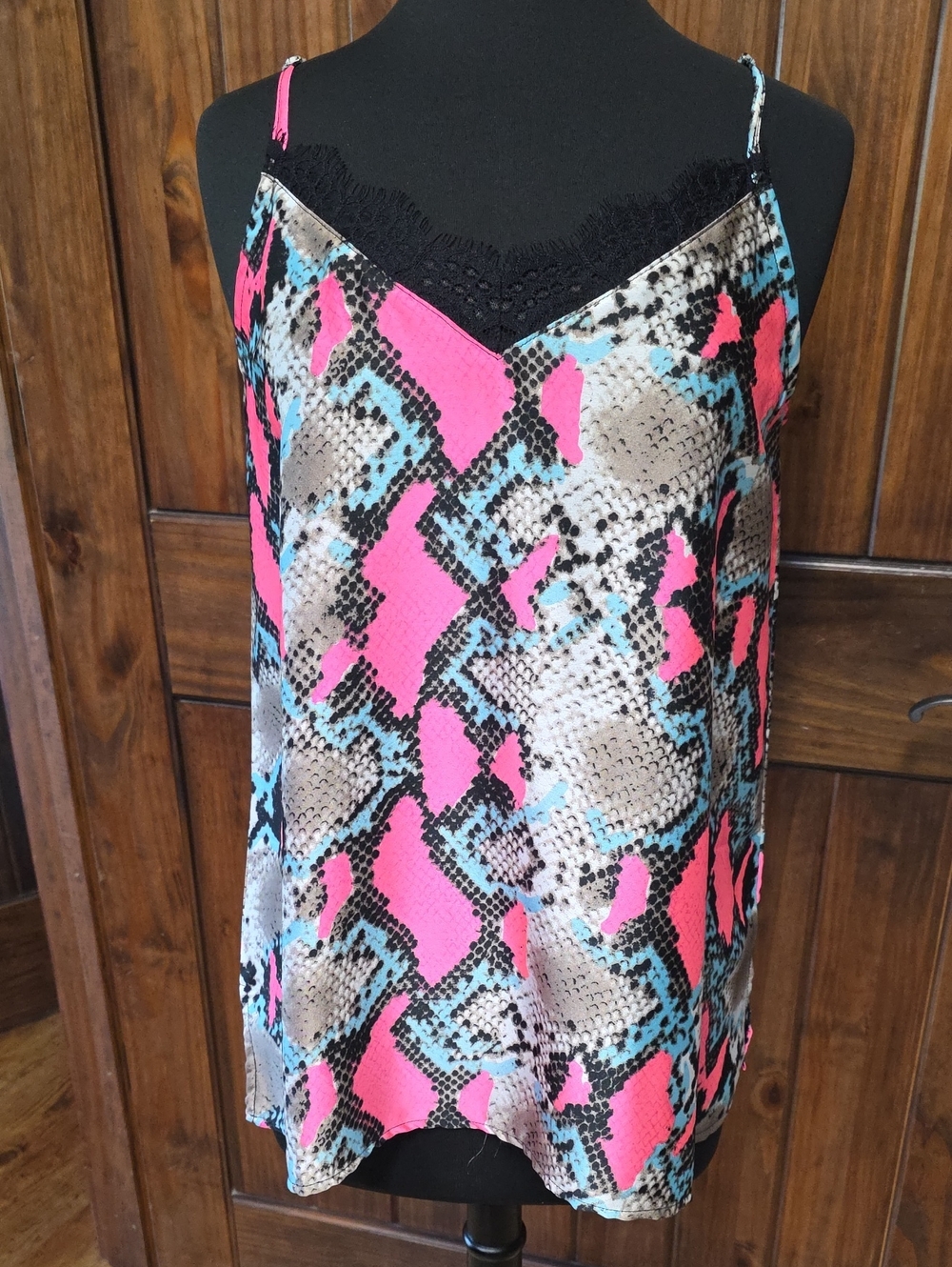 ODDY Pink Blue Snake-Print Lace Trim Cami